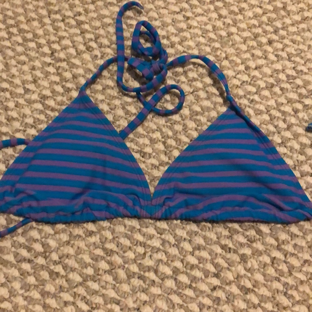 blue and purple striped bikini top